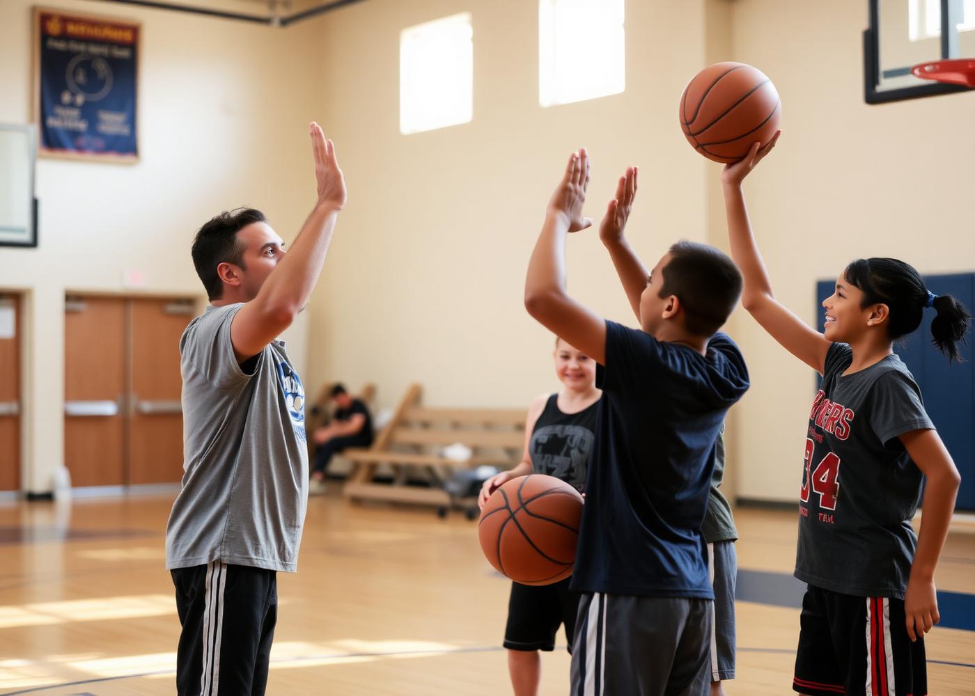Coach high-fiving young players